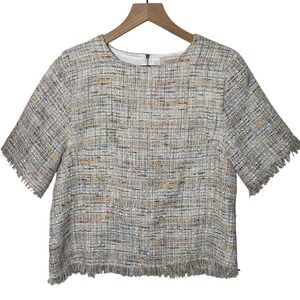 Saints‎ & Hearts Tweed Fringe Trim Short Sleeve Top Multicolored Woven Medium